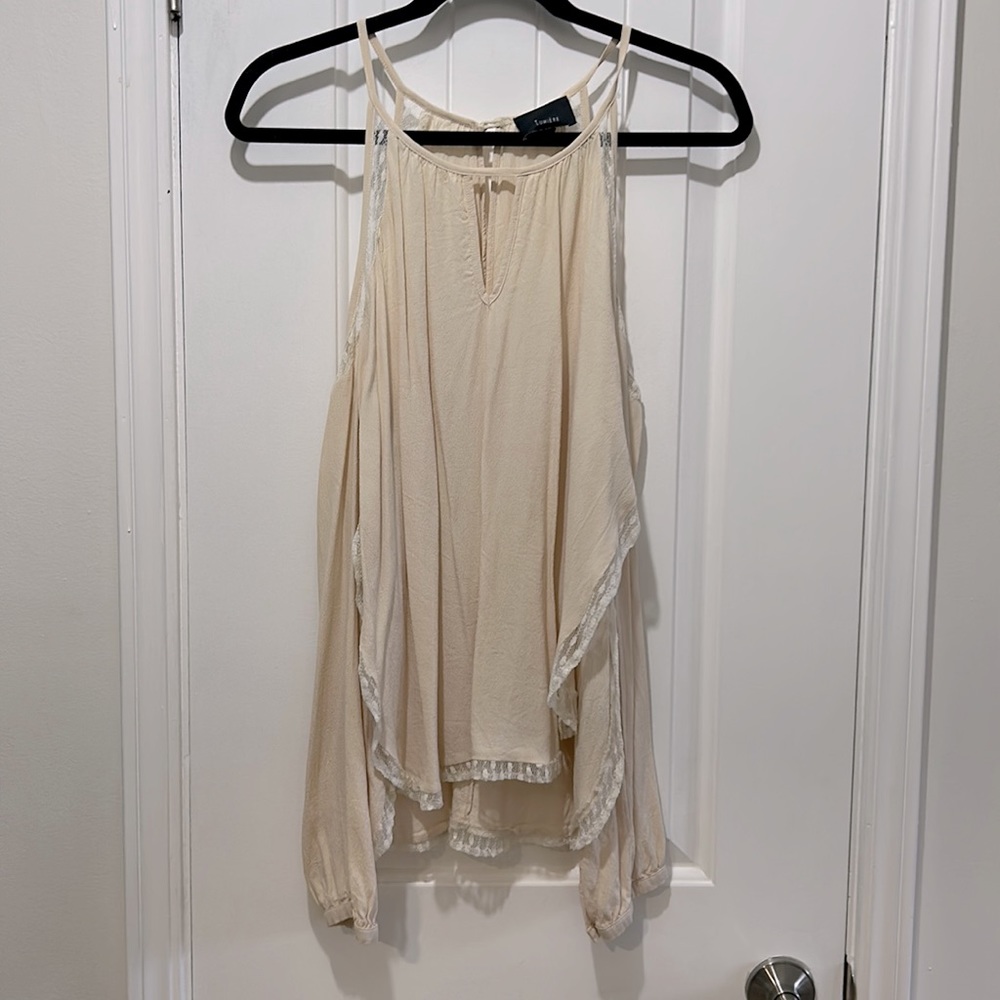 Anthropologie Lumiere baby ballerina pink long sleeve open shoulder flowy top